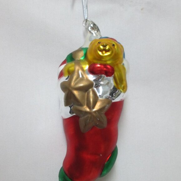 Department 56 Vintage mercury blown glass Teddy Bear in Stocking large Ornament - Picture 3 of 8